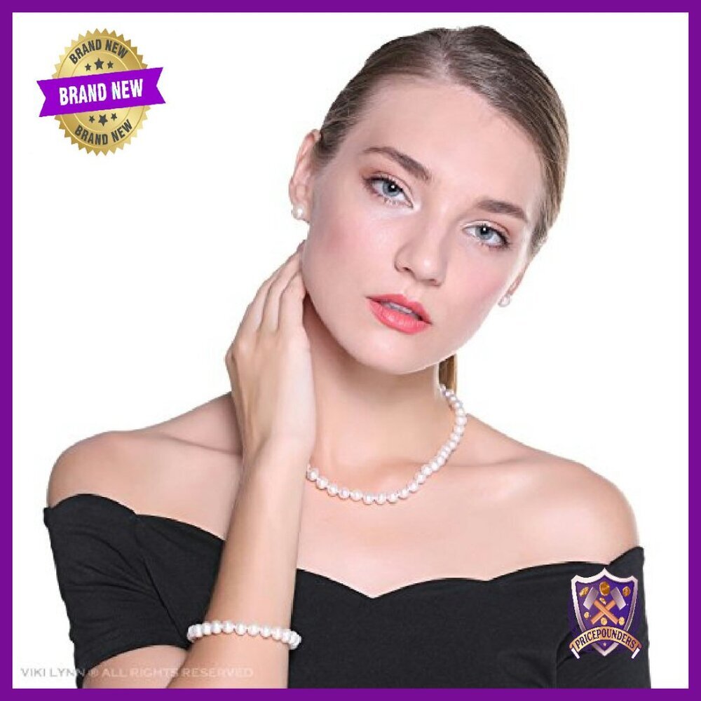 Freshwater Pearl Necklace Bracelet Earrings Set Sterling Silver 18K Gold Plated - Picture 3 of 8